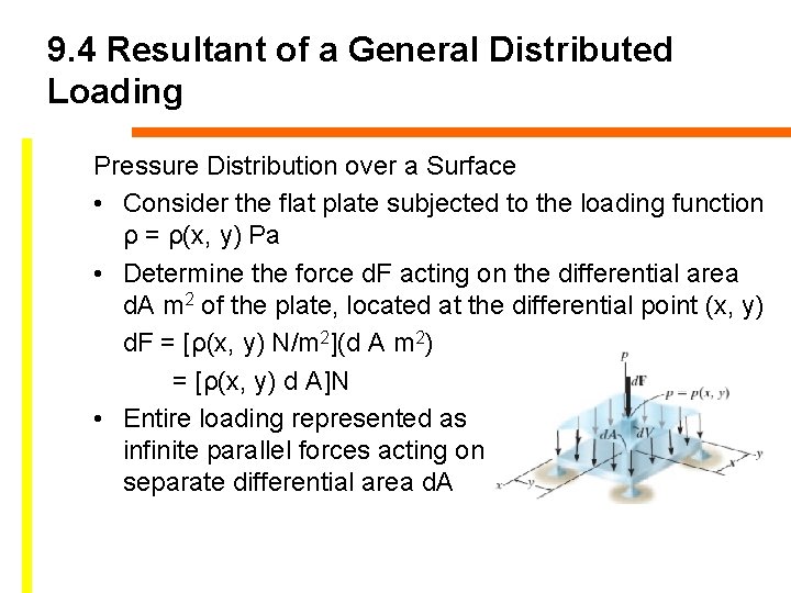 9. 4 Resultant of a General Distributed Loading Pressure Distribution over a Surface •