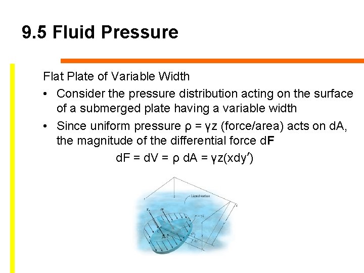 9. 5 Fluid Pressure Flat Plate of Variable Width • Consider the pressure distribution