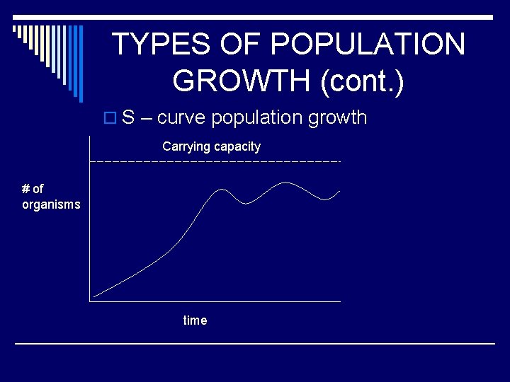 TYPES OF POPULATION GROWTH (cont. ) o S – curve population growth Carrying capacity