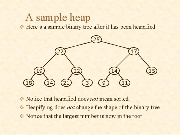A sample heap v Here’s a sample binary tree after it has been heapified