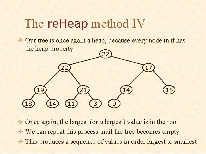 The re. Heap method IV v Our tree is once again a heap, because