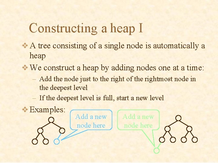 Constructing a heap I v A tree consisting of a single node is automatically