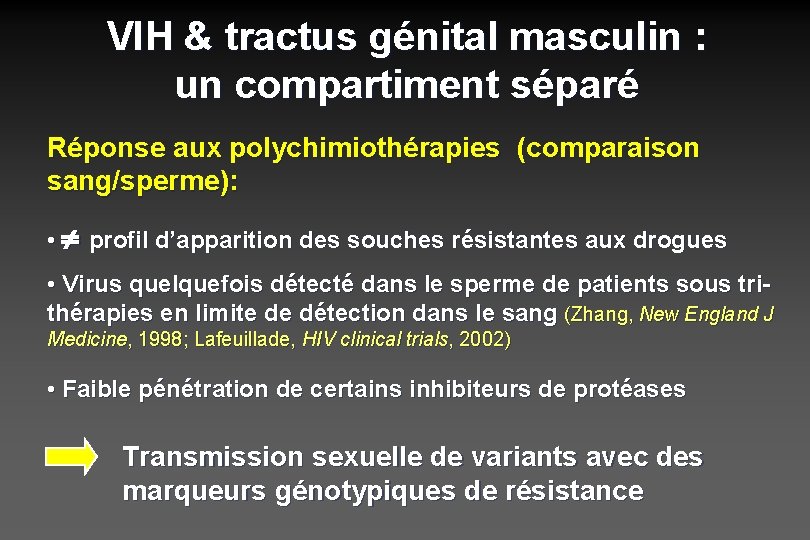 VIH & tractus génital masculin : un compartiment séparé Réponse aux polychimiothérapies (comparaison sang/sperme):
