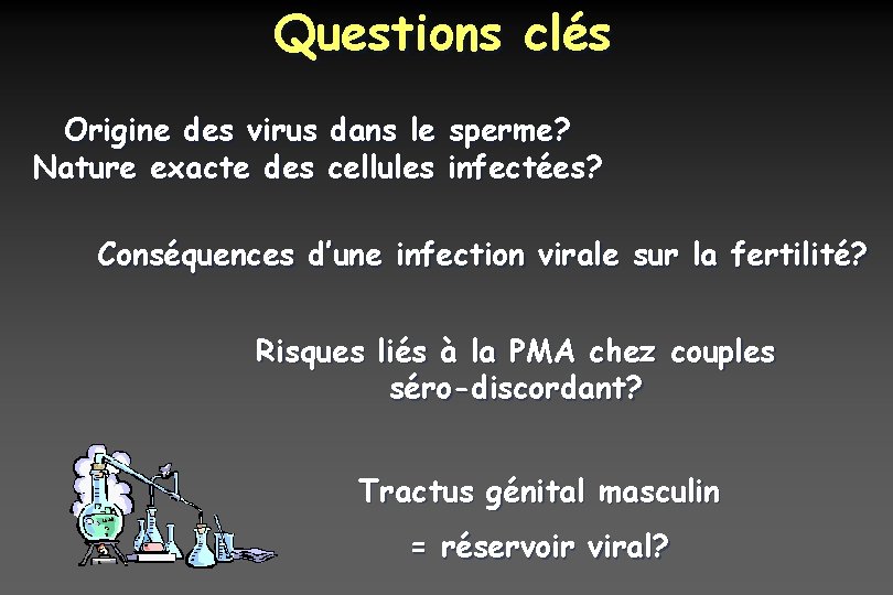 Questions clés Origine des virus dans le sperme? Nature exacte des cellules infectées? Conséquences