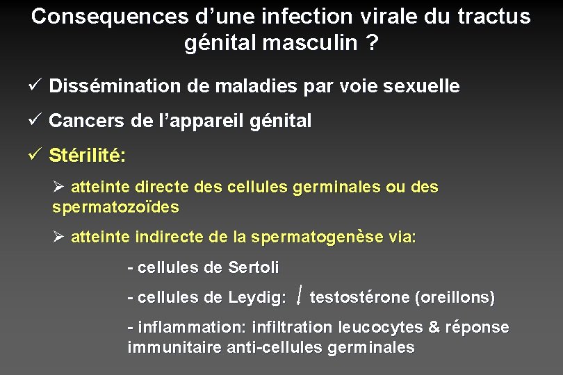 Consequences d’une infection virale du tractus génital masculin ? ü Dissémination de maladies par