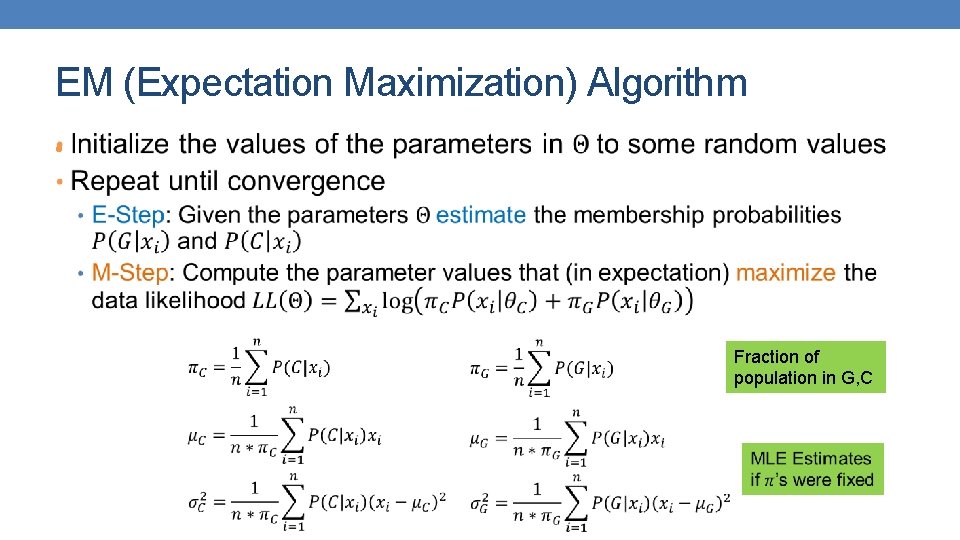 EM (Expectation Maximization) Algorithm • Fraction of population in G, C 