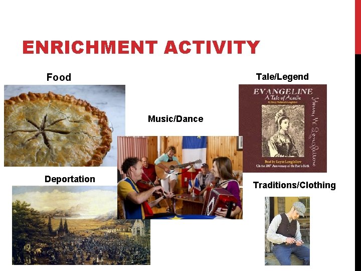 ENRICHMENT ACTIVITY Tale/Legend Food Music/Dance Deportation Traditions/Clothing 