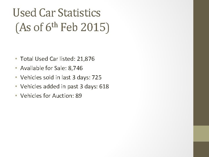 Used Car Statistics (As of 6 th Feb 2015) • • • Total Used