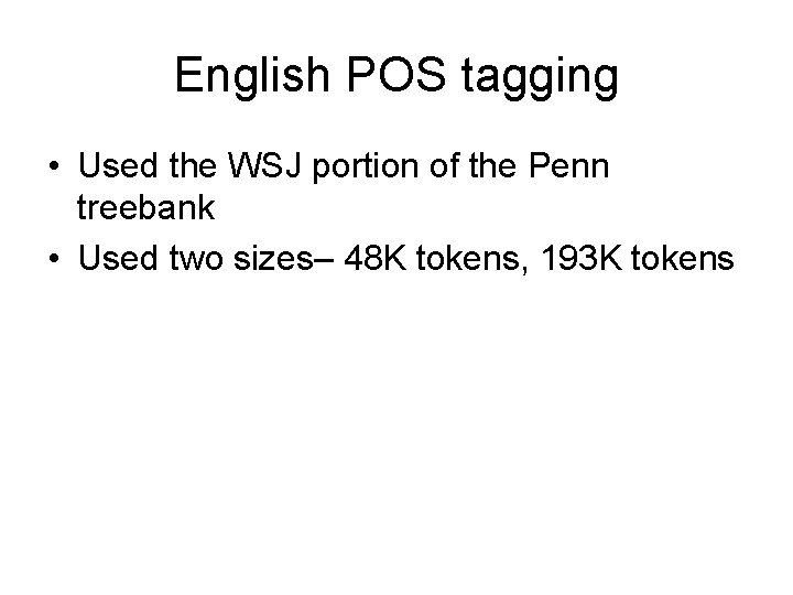 English POS tagging • Used the WSJ portion of the Penn treebank • Used