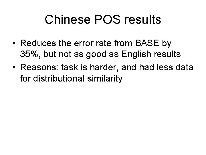 Chinese POS results • Reduces the error rate from BASE by 35%, but not