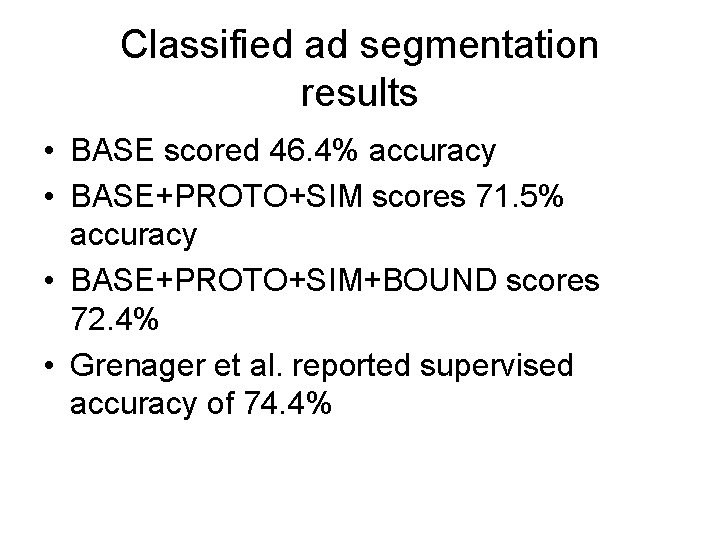 Classified ad segmentation results • BASE scored 46. 4% accuracy • BASE+PROTO+SIM scores 71.