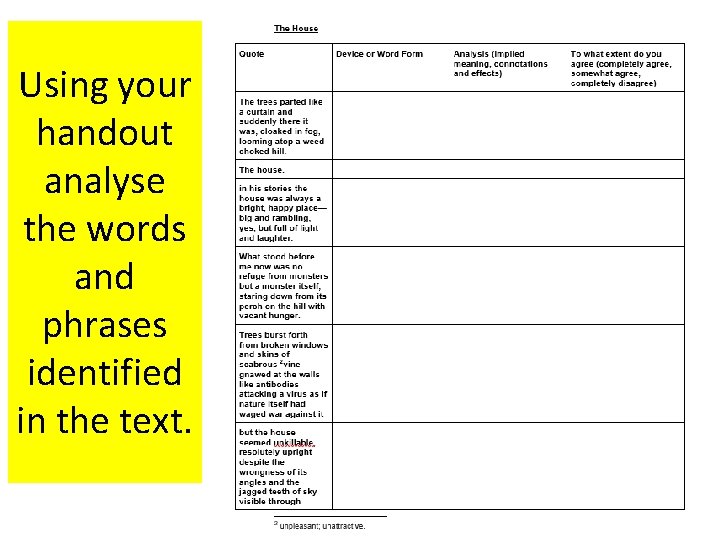 Using your handout analyse the words and phrases identified in the text. 