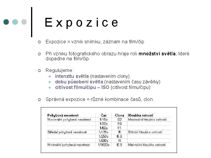 Expozice ¢ Expozice = vznik snímku, záznam na film/čip ¢ Při vzniku fotografického obrazu