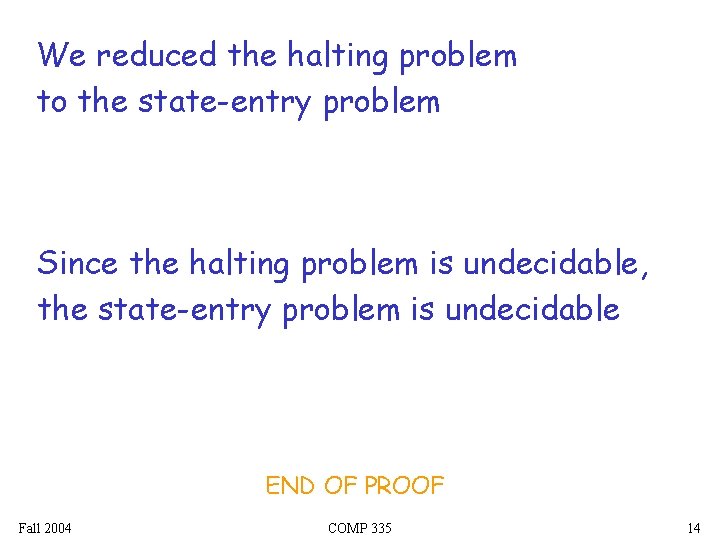 State Entry Problem Reducibility Fall 2004 COMP 335 1 Problem is