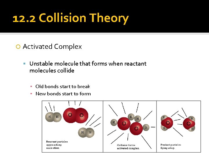 12. 2 Collision Theory Activated Complex Unstable molecule that forms when reactant molecules collide