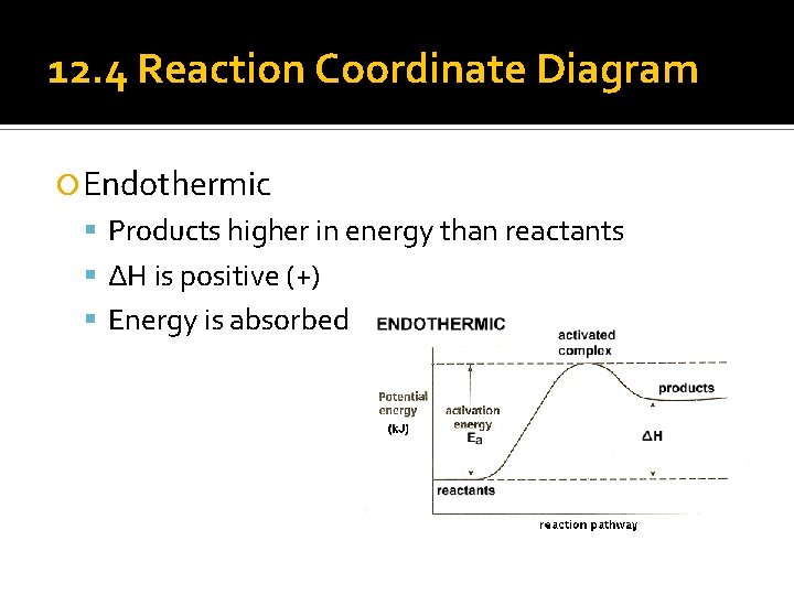 12. 4 Reaction Coordinate Diagram Endothermic Products higher in energy than reactants ΔH is