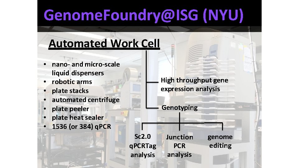 Genome. Foundry@ISG (NYU) Automated Work Cell • nano- and micro-scale liquid dispensers • robotic