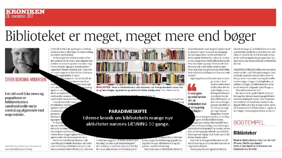 PARADIMESKIFTE I denne kronik om bibliotekets mange nye aktiviteter nævnes LÆSNING 30 gange. 