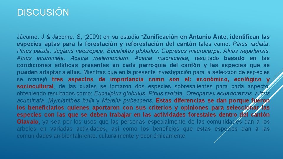 DISCUSIÓN Jácome. J & Jácome. S, (2009) en su estudio “Zonificación en Antonio Ante,