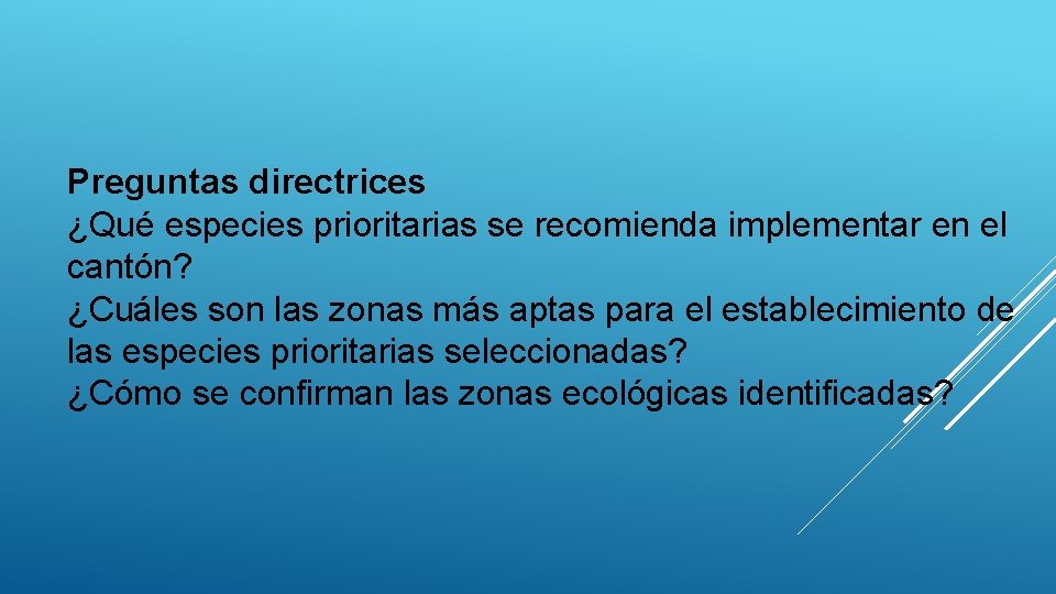 Preguntas directrices ¿Qué especies prioritarias se recomienda implementar en el cantón? ¿Cuáles son las