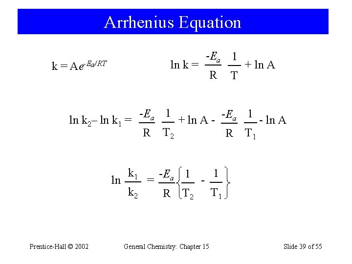 Arrhenius Equation k= ln k 2– ln k 1 = ln Prentice-Hall © 2002