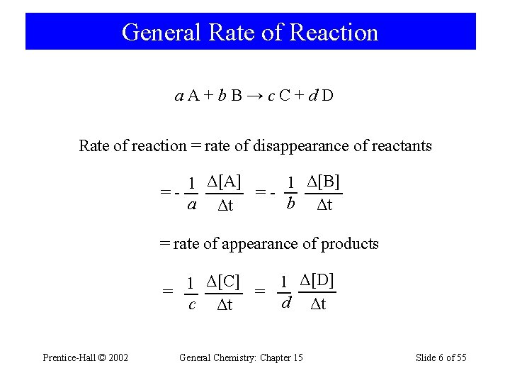 General Rate of Reaction a. A+b. B→c. C+d. D Rate of reaction = rate