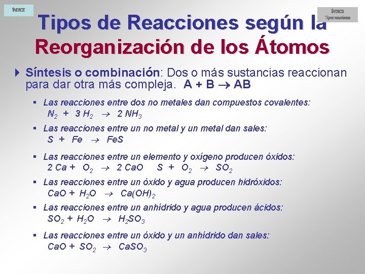 ÍNDICE Tipos reacciones Tipos de Reacciones según la Reorganización de los Átomos 4 Síntesis