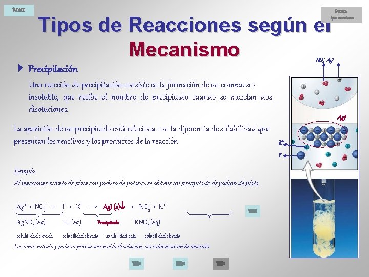 ÍNDICE Tipos reacciones Tipos de Reacciones según el Mecanismo NO 3 - Ag+ 4