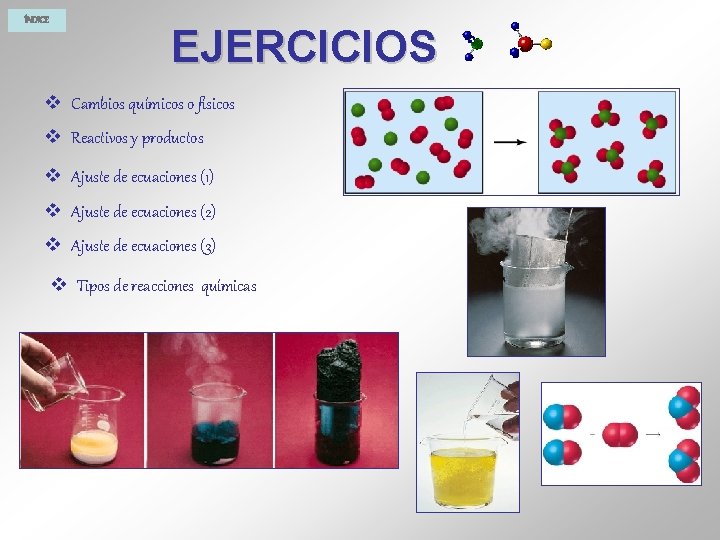 ÍNDICE EJERCICIOS v Cambios químicos o físicos v Reactivos y productos v Ajuste de