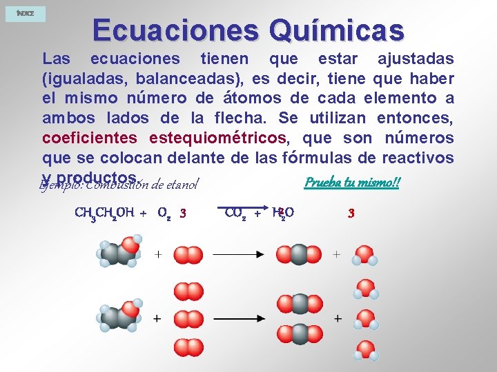 ÍNDICE Ecuaciones Químicas Las ecuaciones tienen que estar ajustadas (igualadas, balanceadas), es decir, tiene