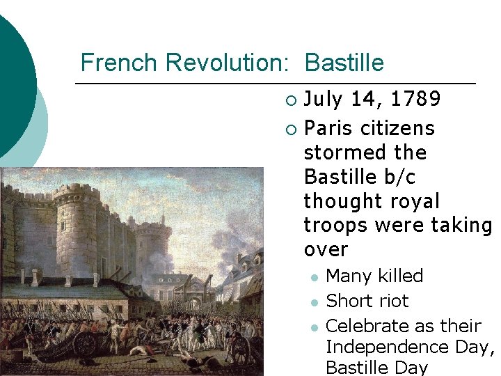 French Revolution: Bastille July 14, 1789 ¡ Paris citizens stormed the Bastille b/c thought