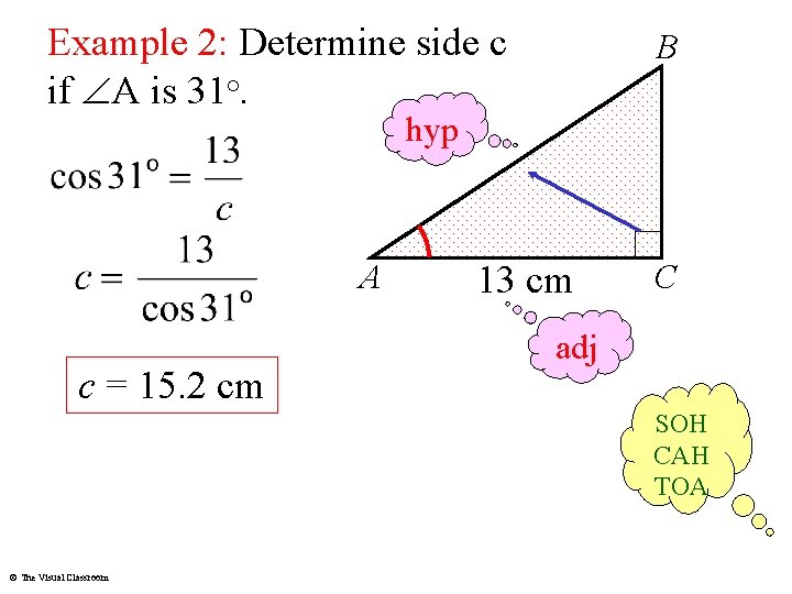 Example 2: Determine side c if A is 31°. B hyp A c =