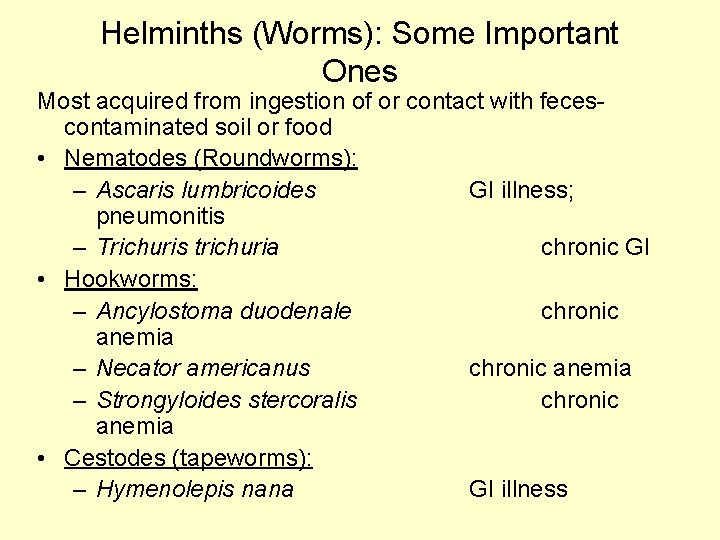 Helminths (Worms): Some Important Ones Most acquired from ingestion of or contact with fecescontaminated