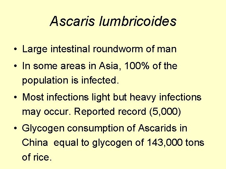 Ascaris lumbricoides • Large intestinal roundworm of man • In some areas in Asia,