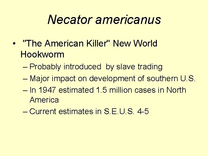 Necator americanus • "The American Killer" New World Hookworm – Probably introduced by slave