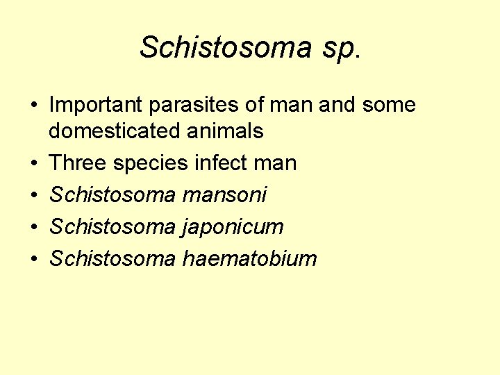 Schistosoma sp. • Important parasites of man and some domesticated animals • Three species