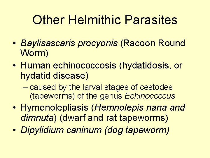 Other Helmithic Parasites • Baylisascaris procyonis (Racoon Round Worm) • Human echinococcosis (hydatidosis, or