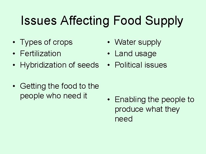 Issues Affecting Food Supply • Types of crops • Water supply • Fertilization •