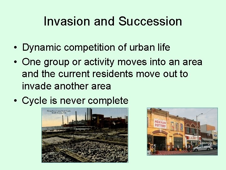 Invasion and Succession • Dynamic competition of urban life • One group or activity