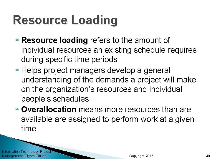 Resource Loading Resource loading refers to the amount of individual resources an existing schedule