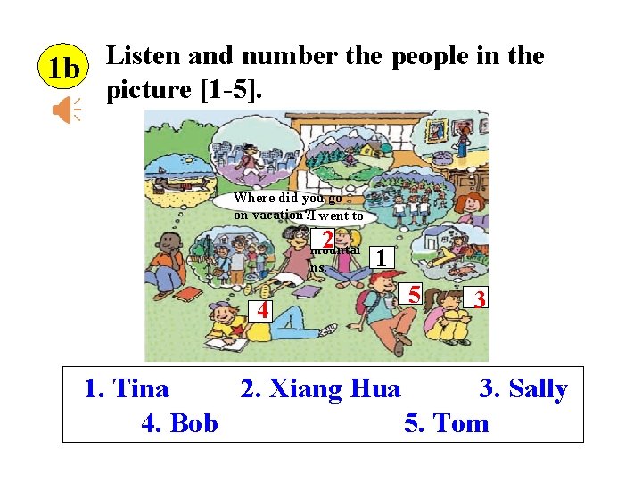 Listen and number the people in the 1 b picture [1 -5]. Where did