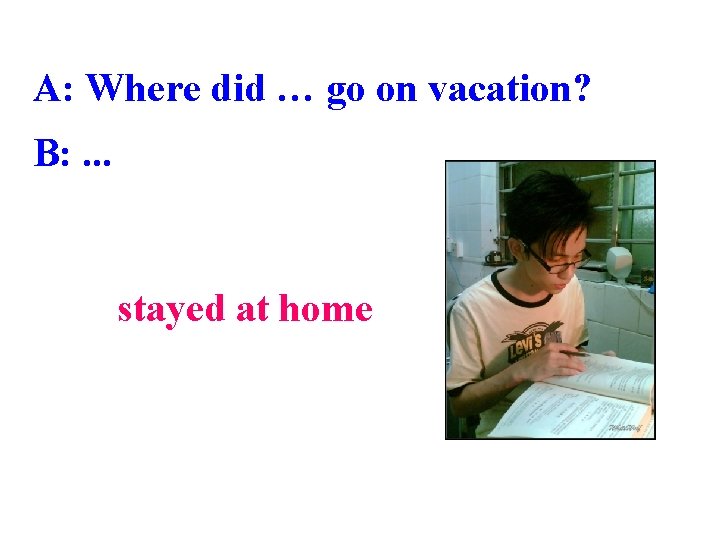 A: Where did … go on vacation? B: . . . stayed at home