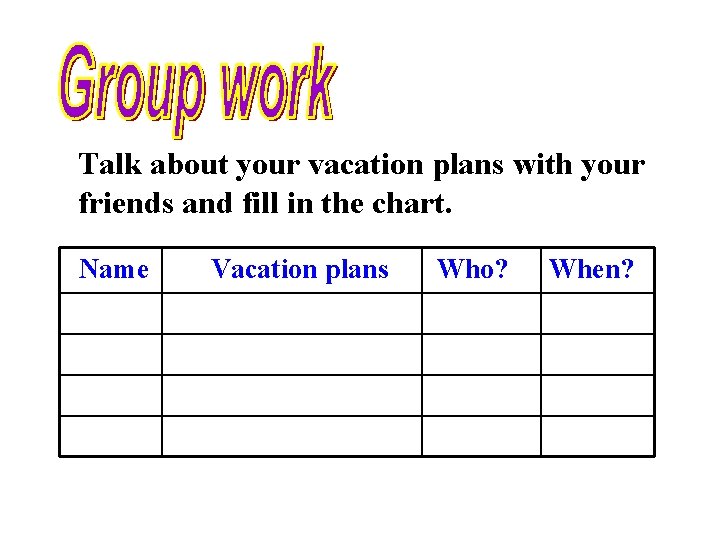 Talk about your vacation plans with your friends and fill in the chart. Name