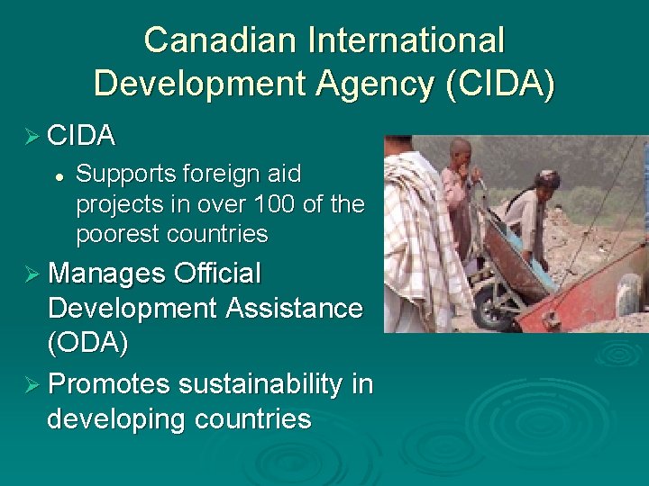 Canadian International Development Agency (CIDA) Ø CIDA l Supports foreign aid projects in over Canadian International Development Agency (CIDA) Ø CIDA l Supports foreign aid projects in over