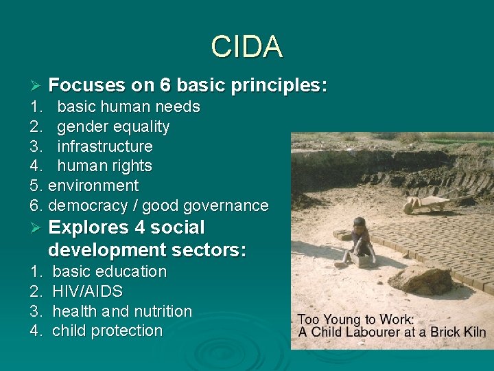 CIDA Ø Focuses on 6 basic principles: 1. basic human needs 2. gender equality CIDA Ø Focuses on 6 basic principles: 1. basic human needs 2. gender equality