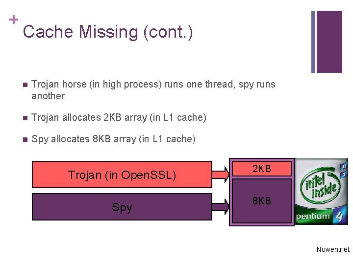 + Cache Missing (cont. ) n Trojan horse (in high process) runs one thread,