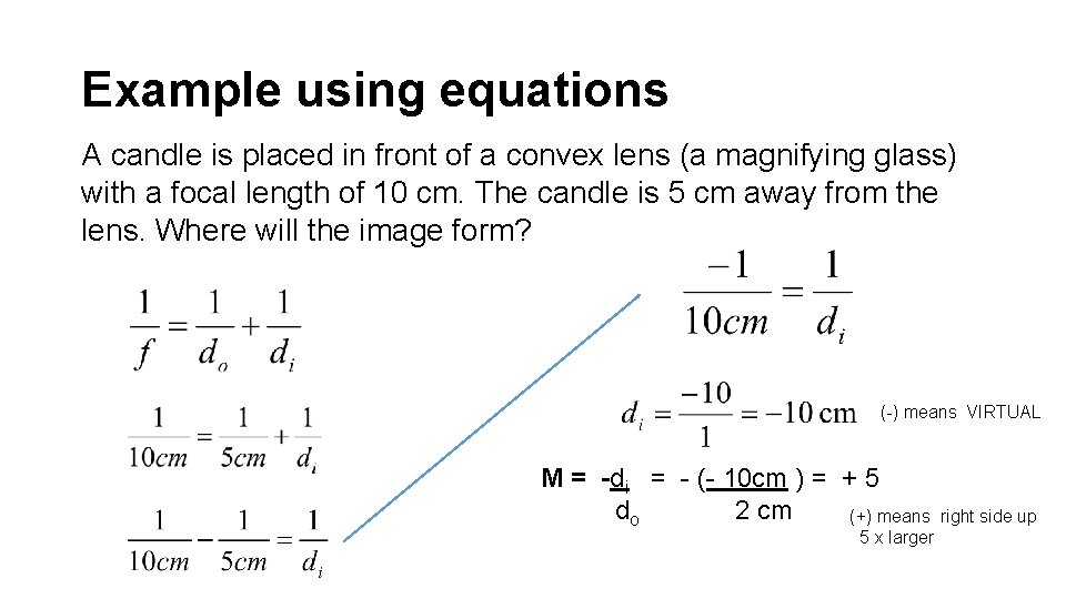 Example using equations A candle is placed in front of a convex lens (a
