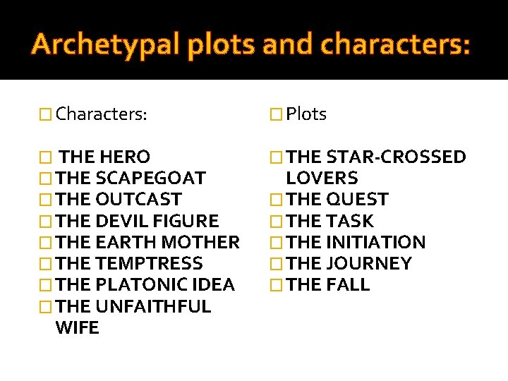 Archetypal plots and characters: � Characters: � Plots � THE HERO � THE SCAPEGOAT
