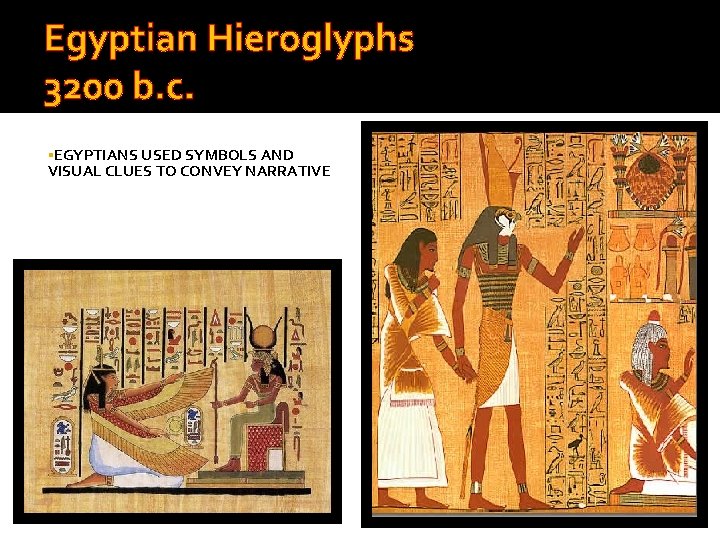 Egyptian Hieroglyphs 3200 b. c. EGYPTIANS USED SYMBOLS AND VISUAL CLUES TO CONVEY NARRATIVE