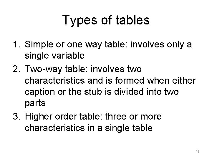Types of tables 1. Simple or one way table: involves only a single variable